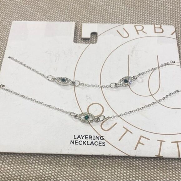 Urban Outfitters Evil Eye Rhinestone Silver Tone Double Chain Layered Necklace - Picture 1 of 2
